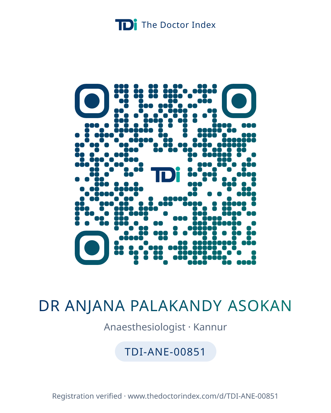 QR card for Dr Anjana Palakandy Asokan, TDI-ANE-00851