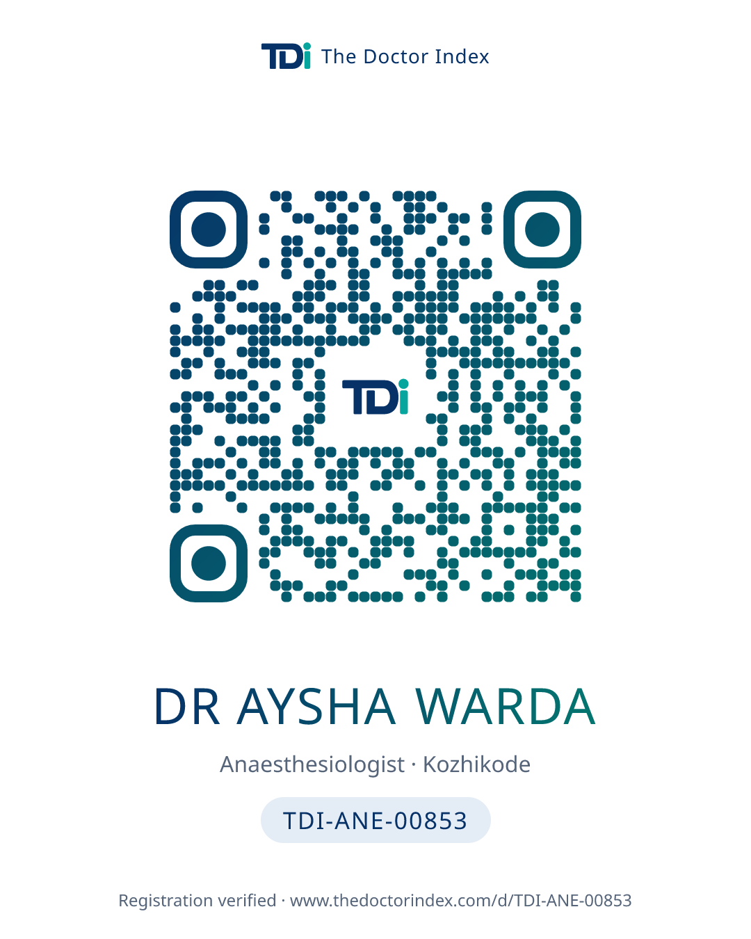 QR card for Dr Aysha Warda, TDI-ANE-00853