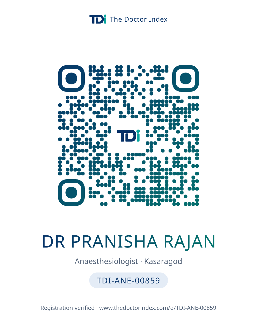 QR card for Dr Pranisha Rajan, TDI-ANE-00859