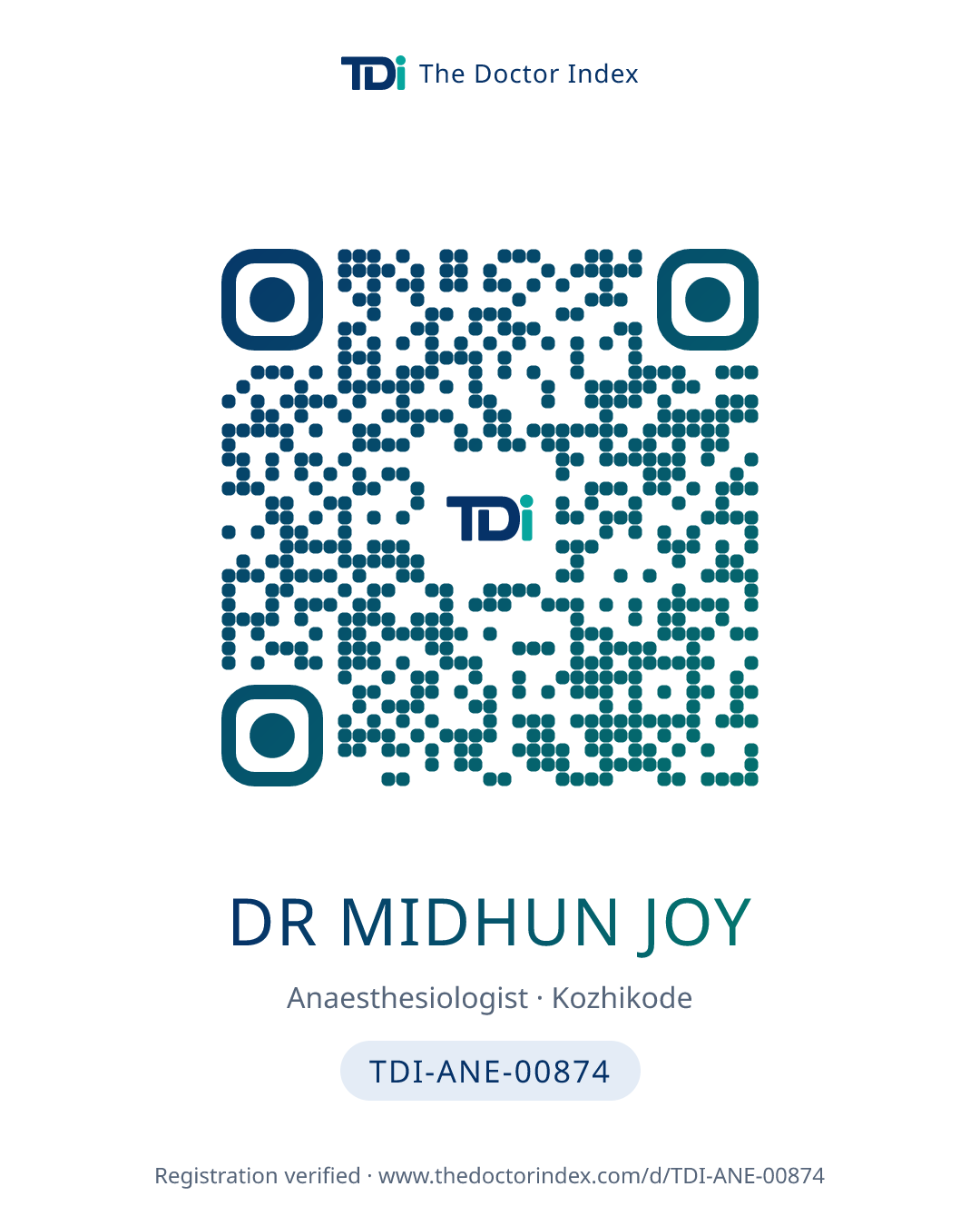 QR card for Dr Midhun Joy, TDI-ANE-00874
