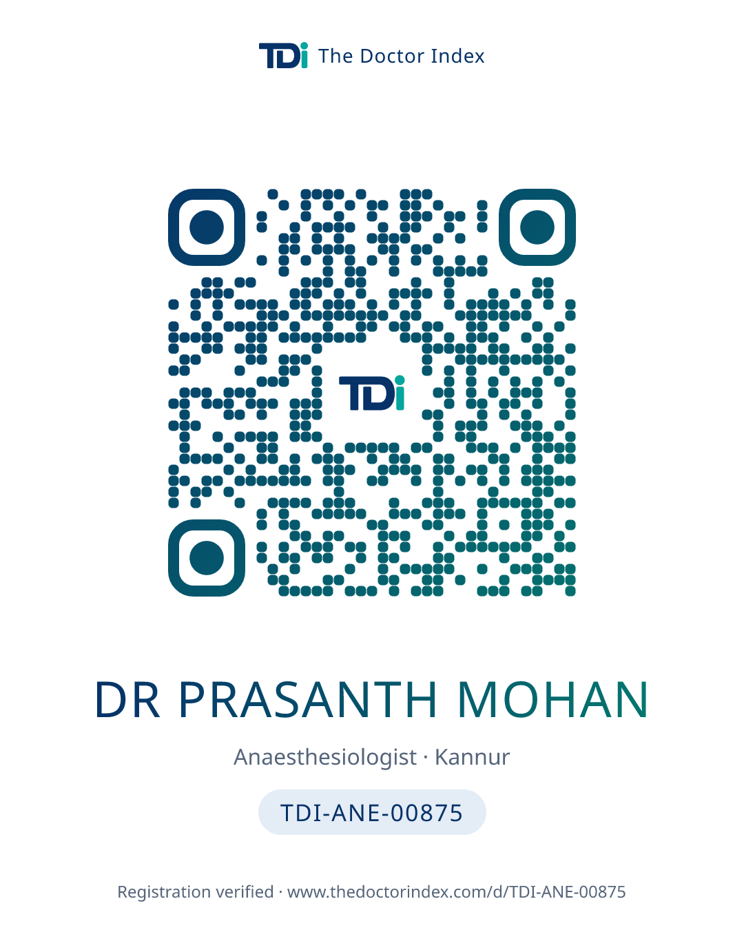 QR card for Dr Prasanth Mohan, TDI-ANE-00875