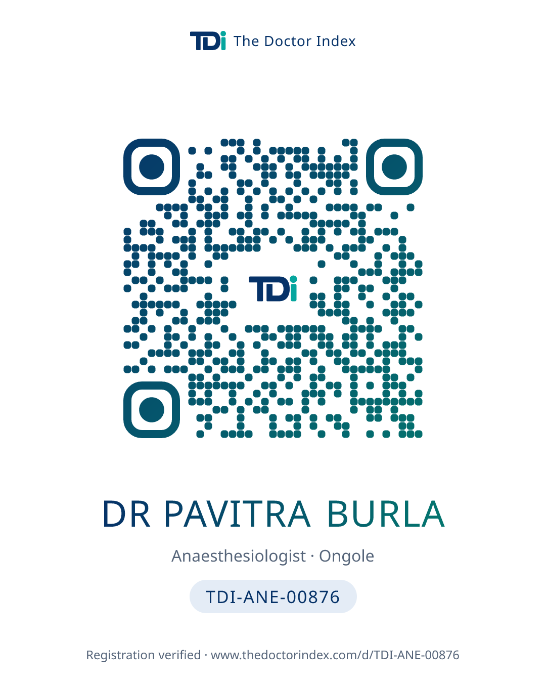 QR card for Dr Pavitra Burla, TDI-ANE-00876