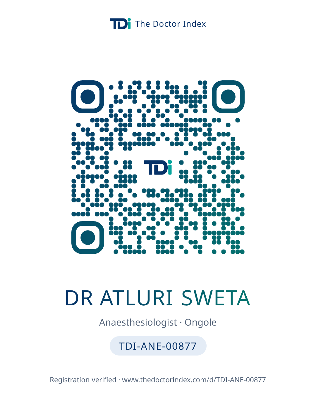 QR card for Dr Atluri Sweta, TDI-ANE-00877