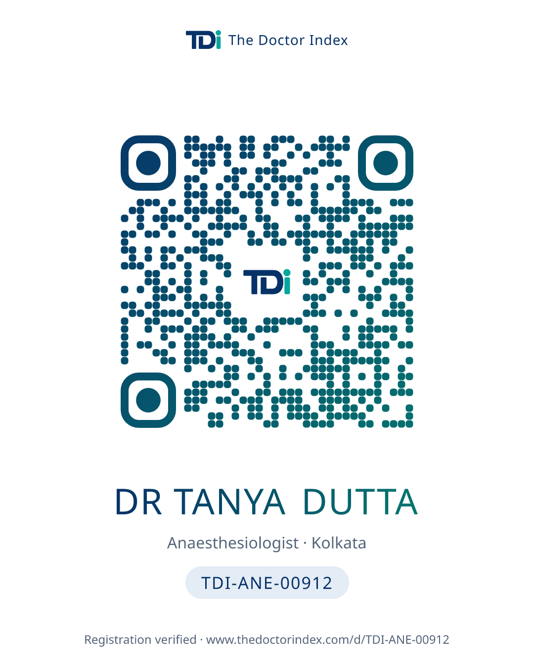 QR card for Dr Tanya Dutta, TDI-ANE-00912