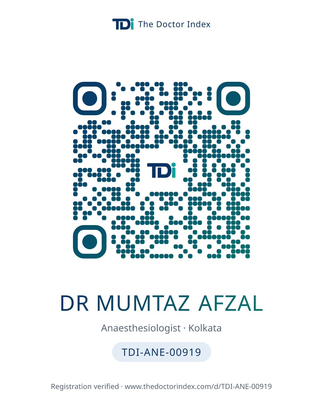 QR card for Dr Mumtaz Afzal, TDI-ANE-00919