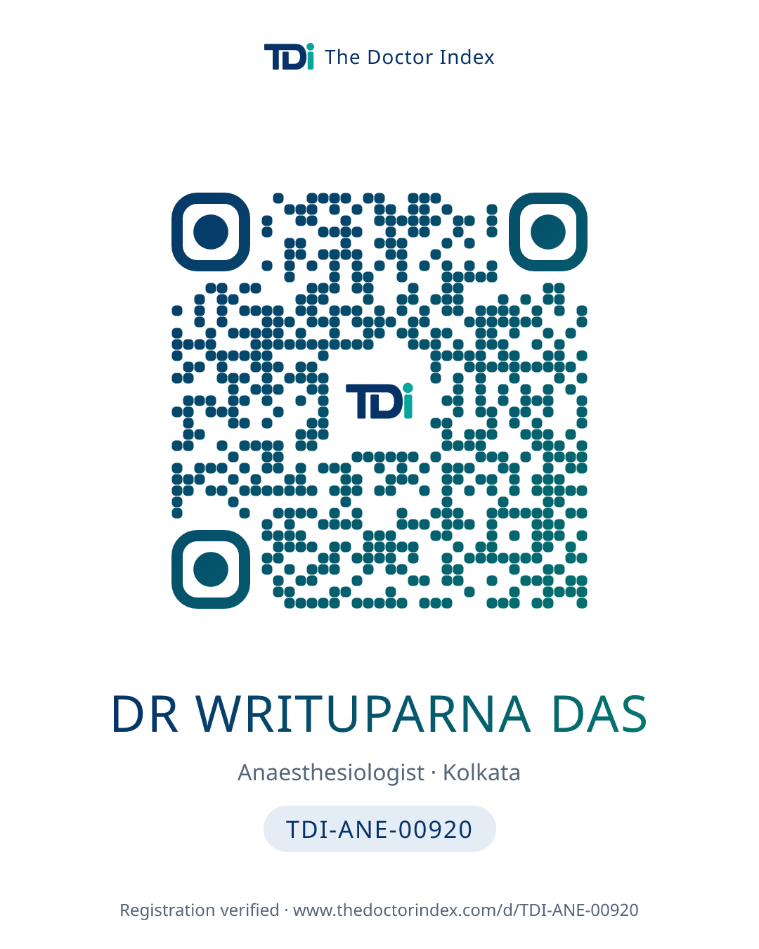 QR card for Dr Writuparna Das, TDI-ANE-00920