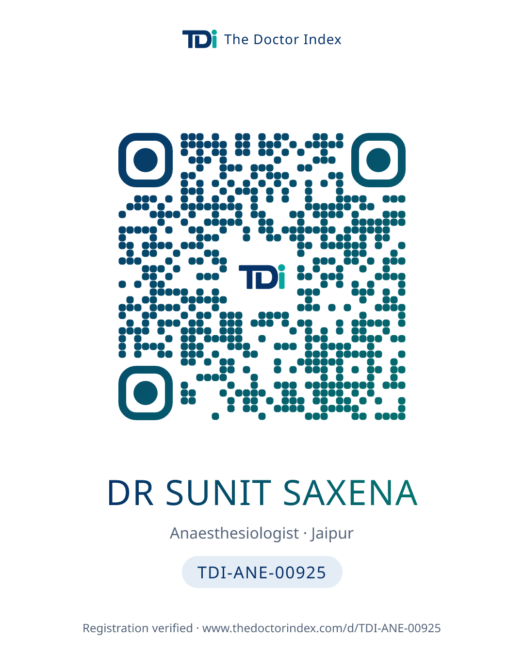 QR card for Dr Sunit Saxena, TDI-ANE-00925