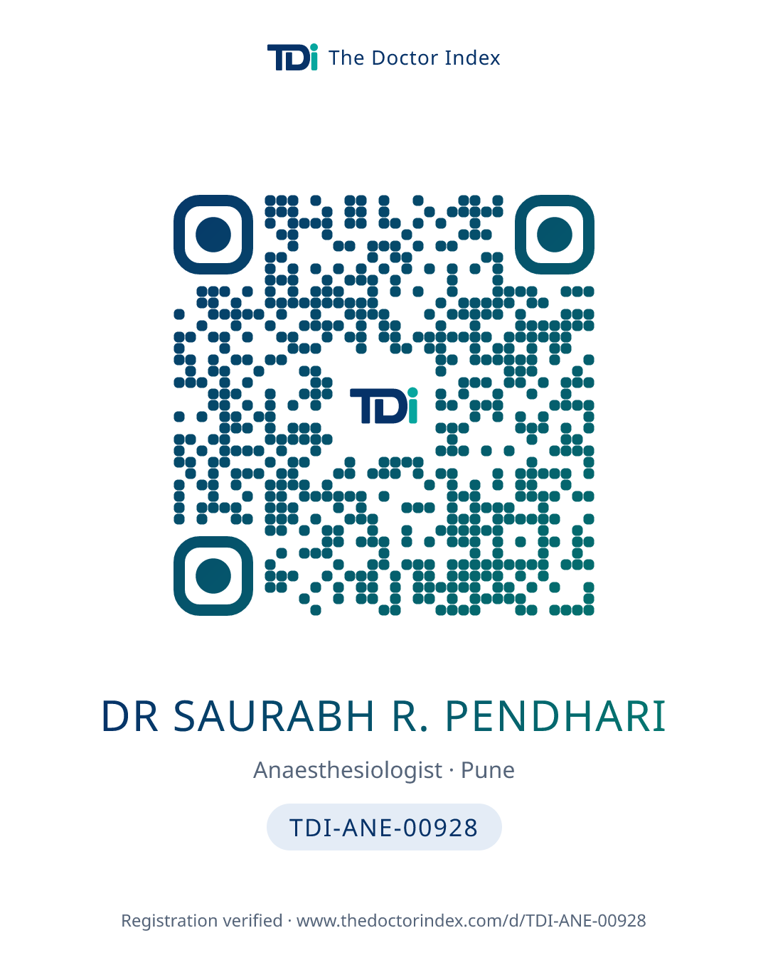 QR card for Dr Saurabh R. Pendhari, TDI-ANE-00928
