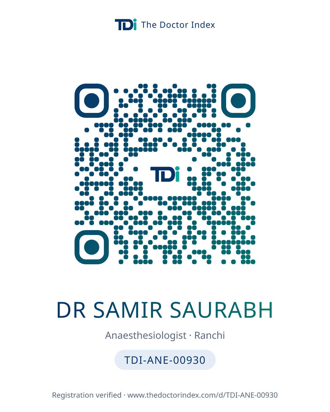 QR card for Dr Samir Saurabh, TDI-ANE-00930