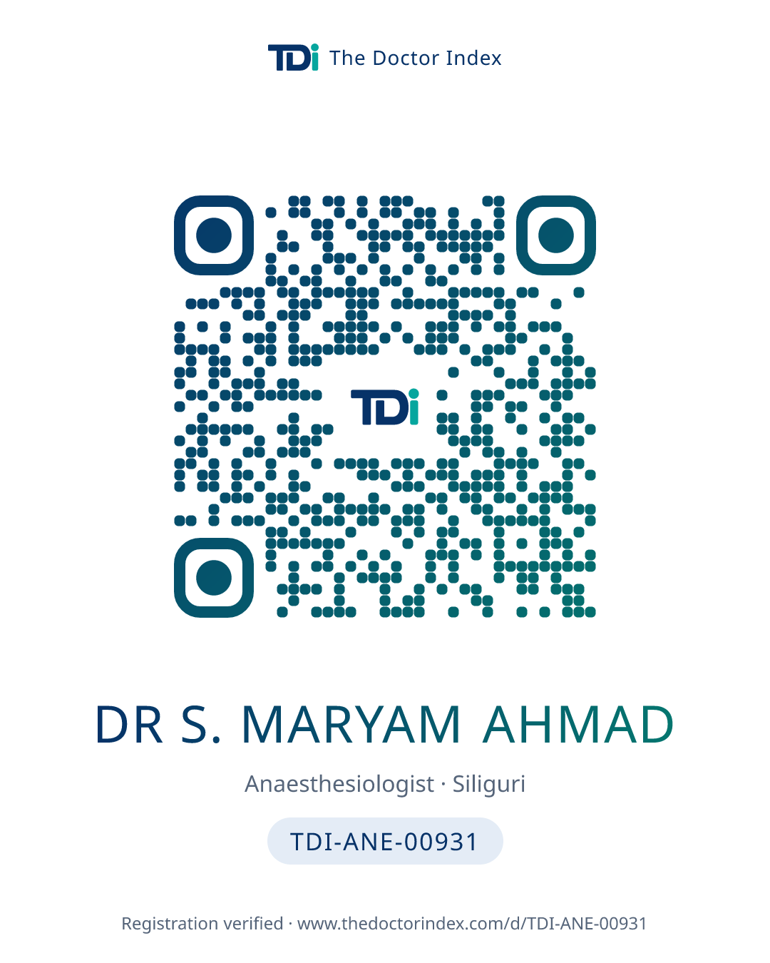 QR card for Dr S. Maryam Ahmad, TDI-ANE-00931