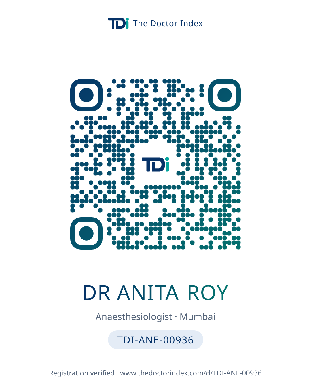 QR card for Dr Anita Roy, TDI-ANE-00936