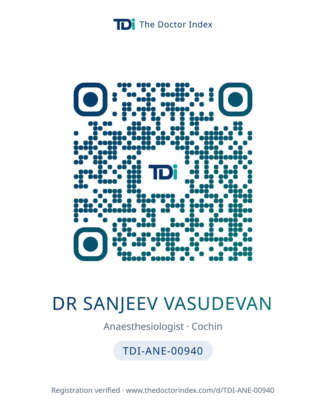QR card for Dr Sanjeev Vasudevan, TDI-ANE-00940