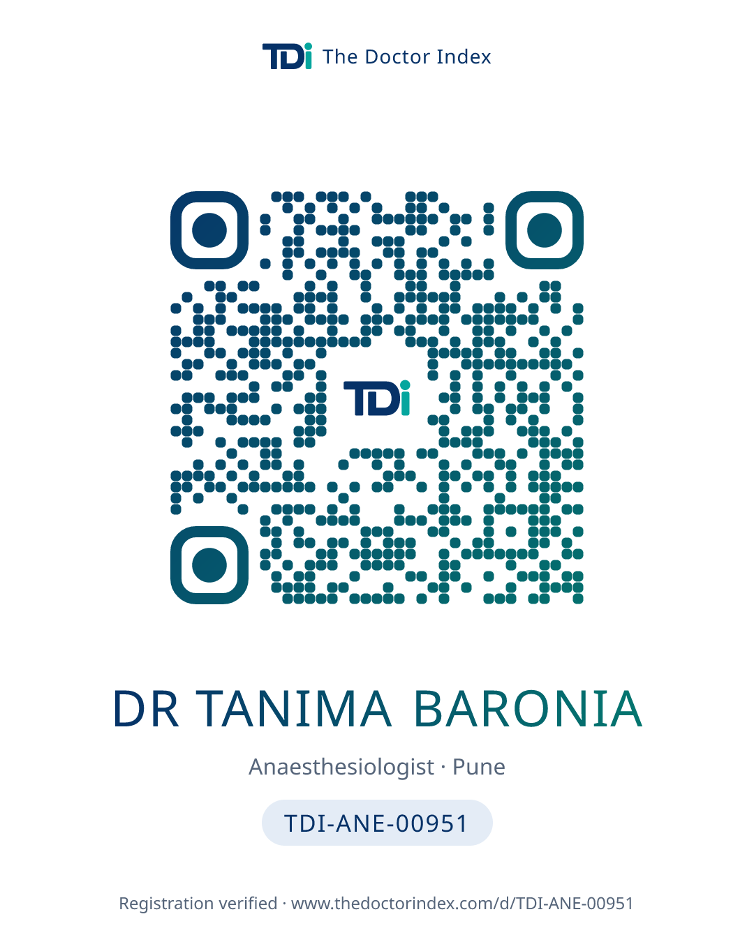 QR card for Dr Tanima Baronia, TDI-ANE-00951