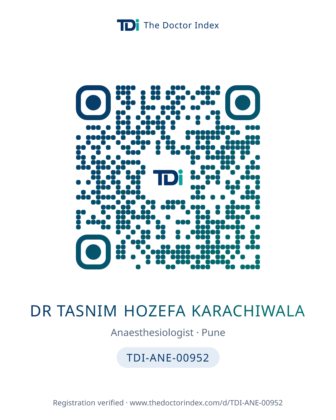 QR card for Dr Tasnim Hozefa Karachiwala, TDI-ANE-00952
