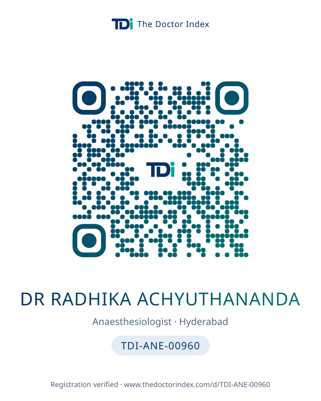 QR card for Dr Radhika Achyuthananda, TDI-ANE-00960