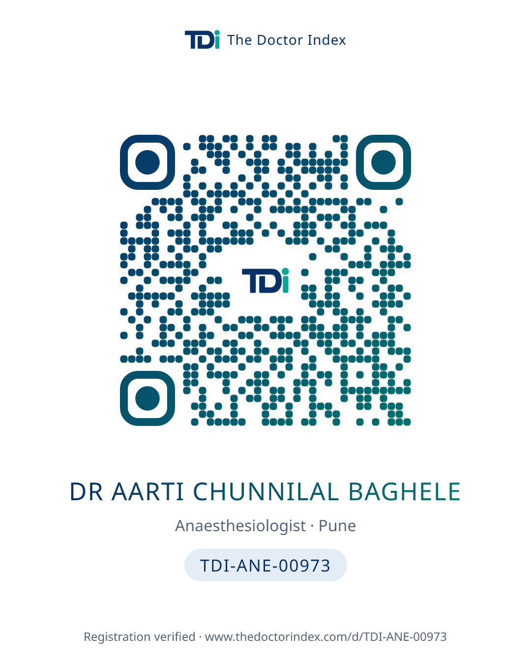 QR card for Dr Aarti Chunnilal Baghele, TDI-ANE-00973