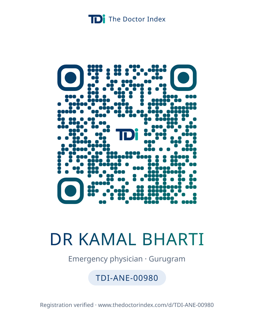 QR card for Dr Kamal Bharti, TDI-ANE-00980