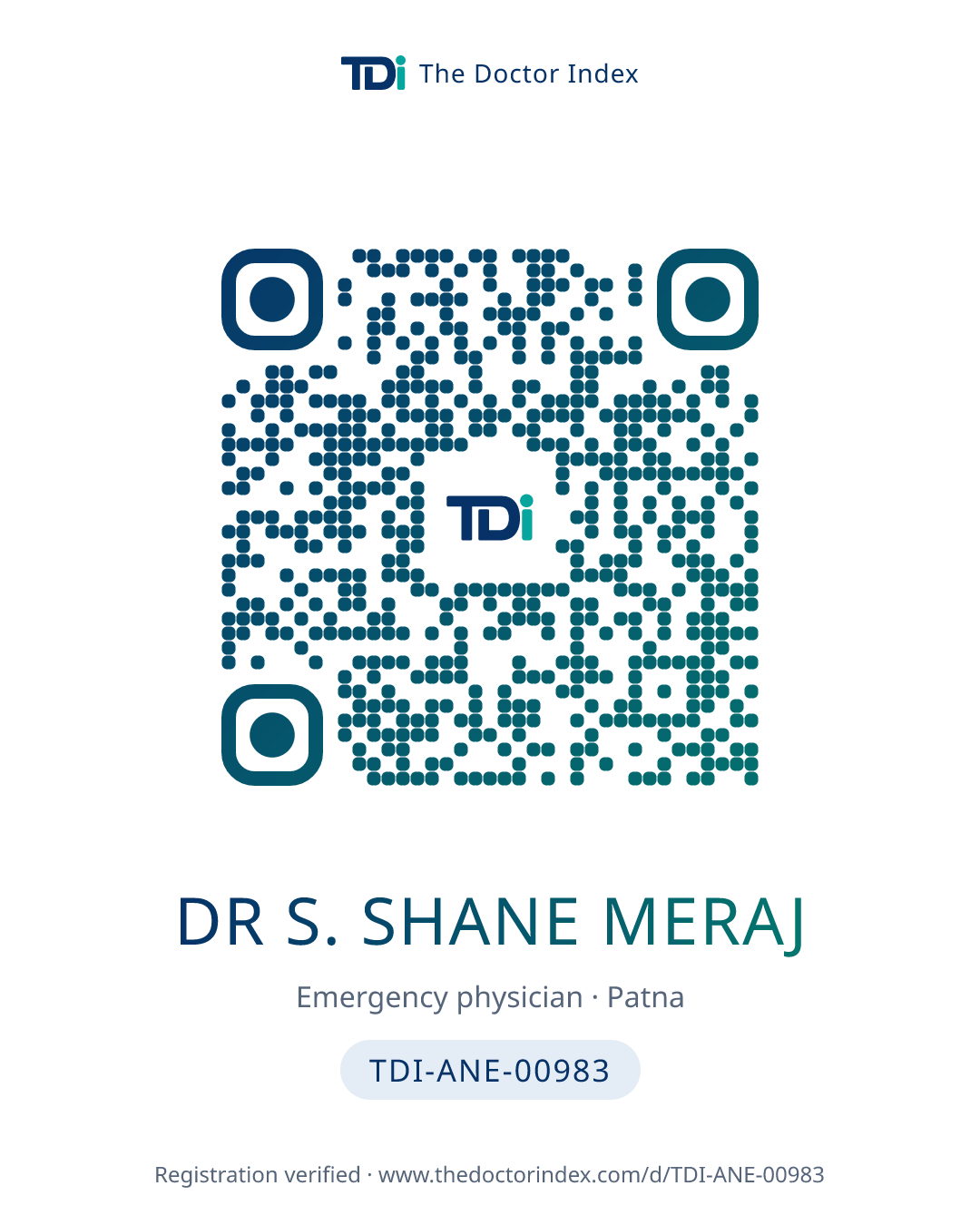QR card for Dr S. Shane Meraj, TDI-ANE-00983
