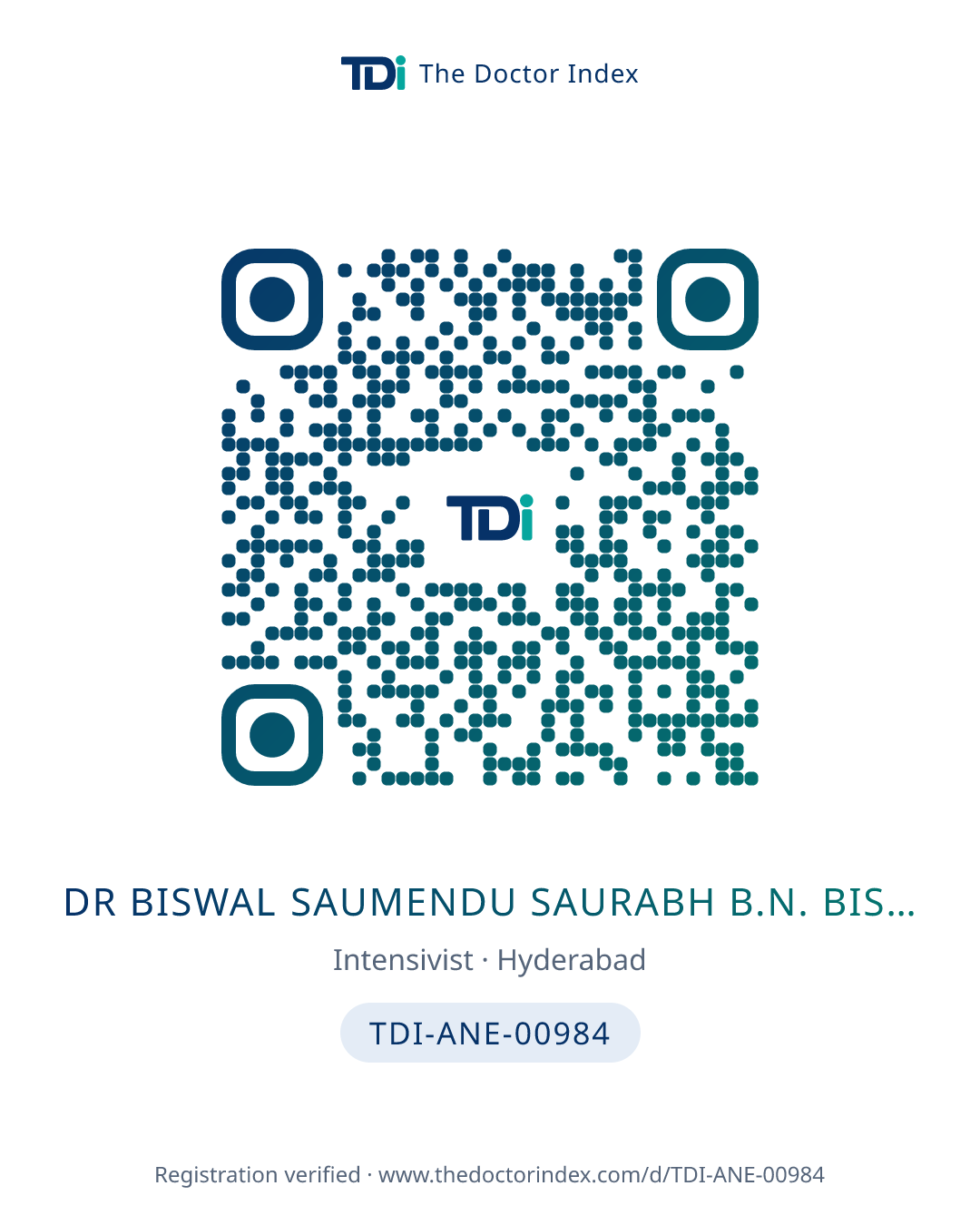 QR card for Dr Biswal Saumendu Saurabh B.N. Biswal, TDI-ANE-00984