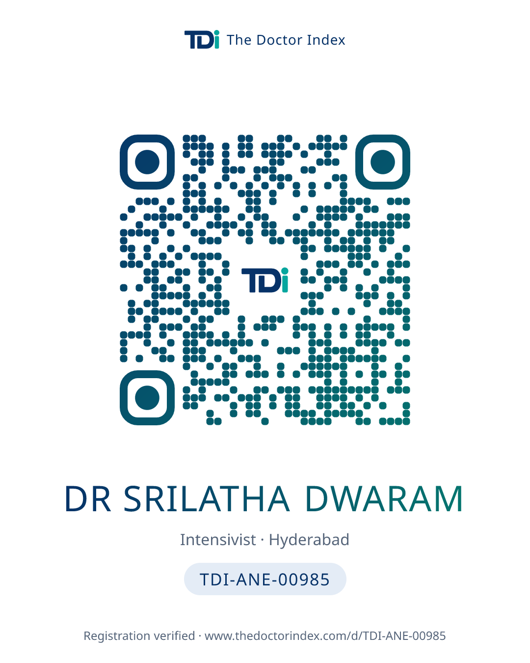 QR card for Dr Srilatha Dwaram, TDI-ANE-00985