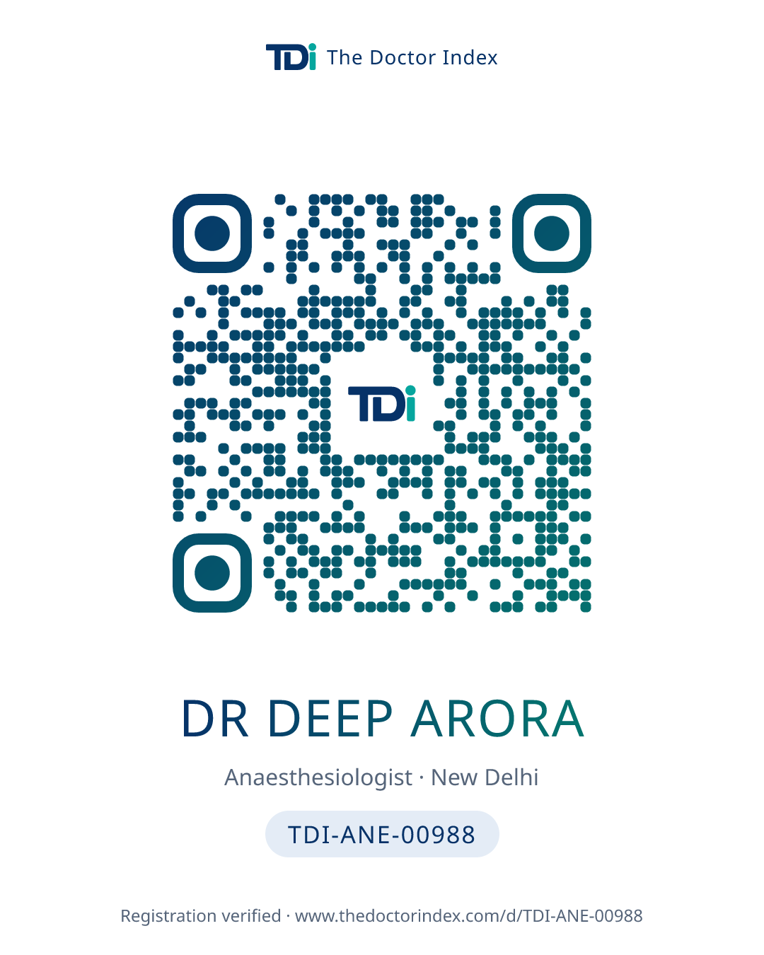 QR card for Dr Deep Arora, TDI-ANE-00988