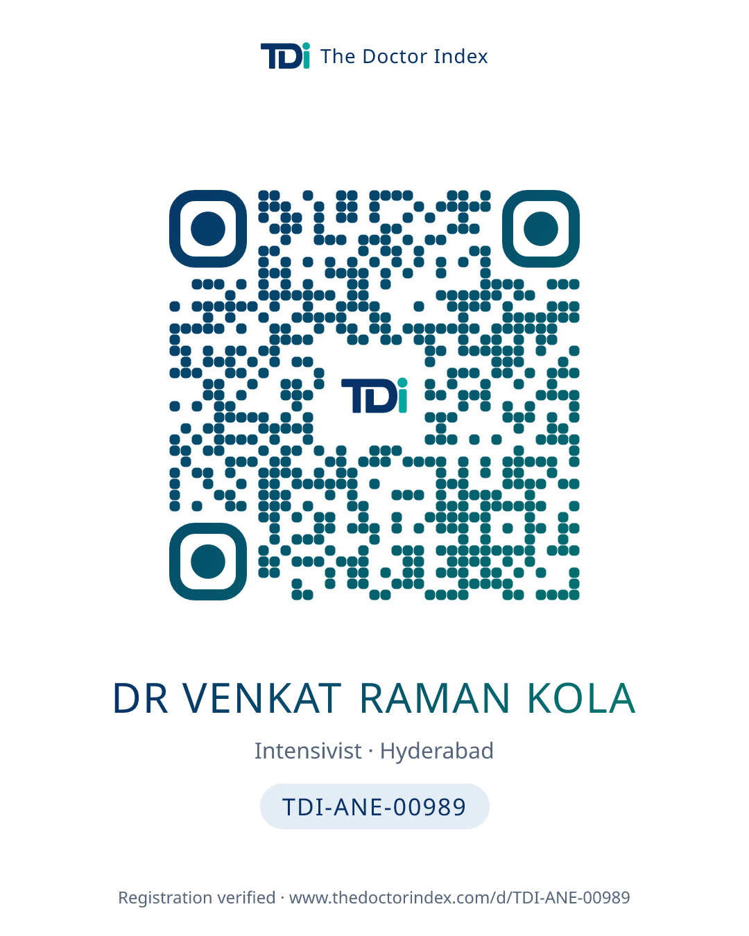 QR card for Dr Venkat Raman Kola, TDI-ANE-00989