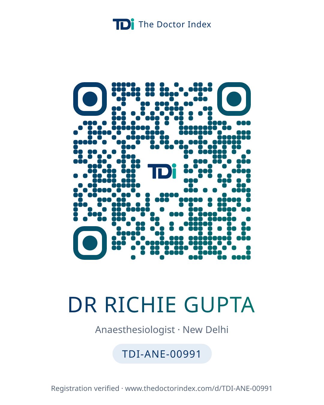 QR card for Dr Richie Gupta, TDI-ANE-00991