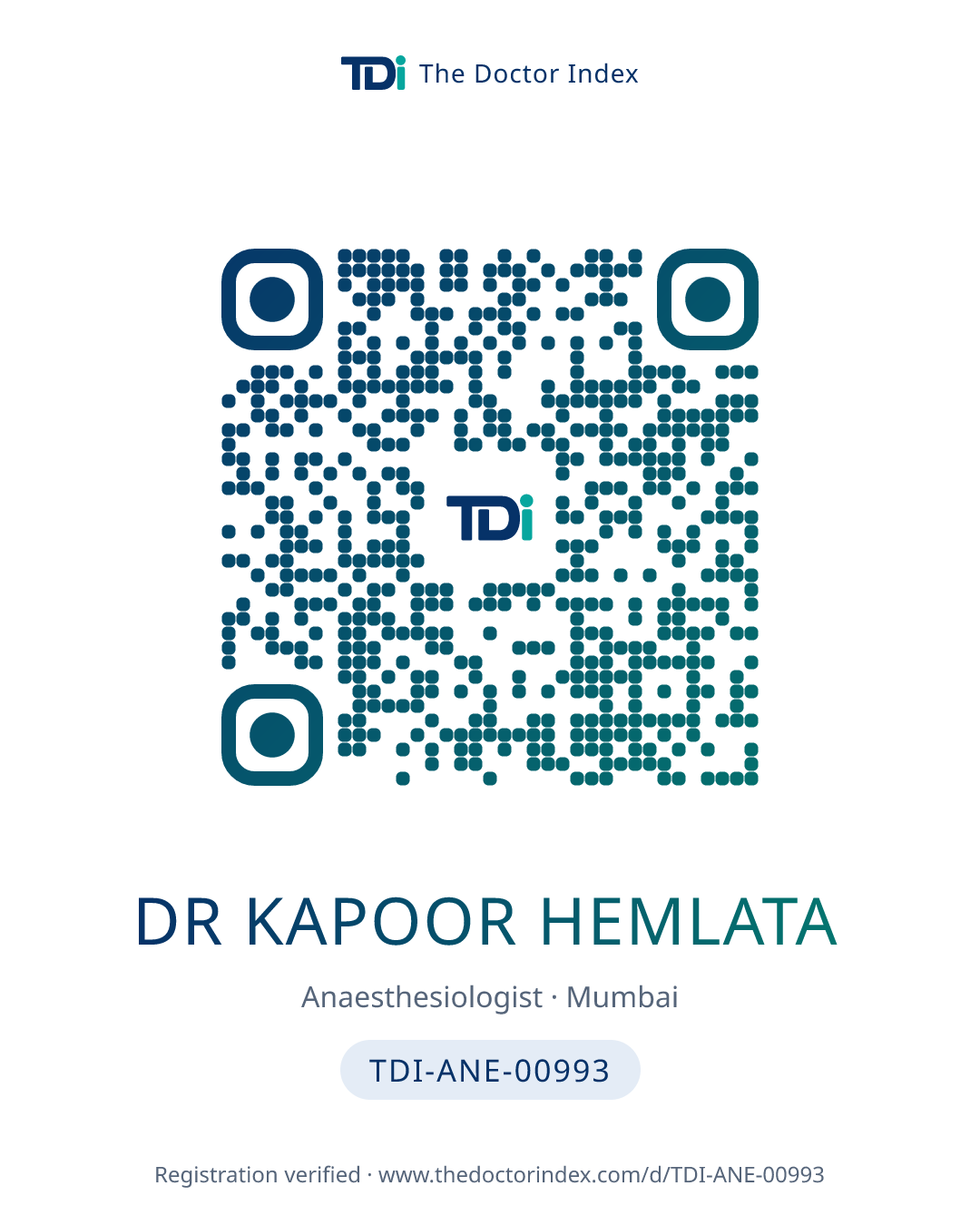 QR card for Dr Kapoor Hemlata, TDI-ANE-00993