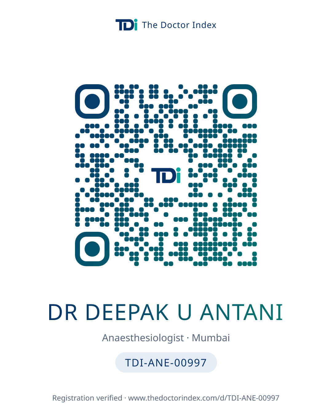 QR card for Dr Deepak U Antani, TDI-ANE-00997