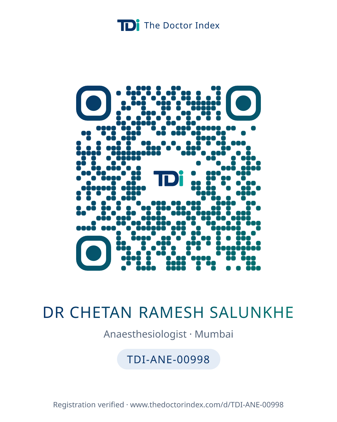 QR card for Dr Chetan Ramesh Salunkhe, TDI-ANE-00998