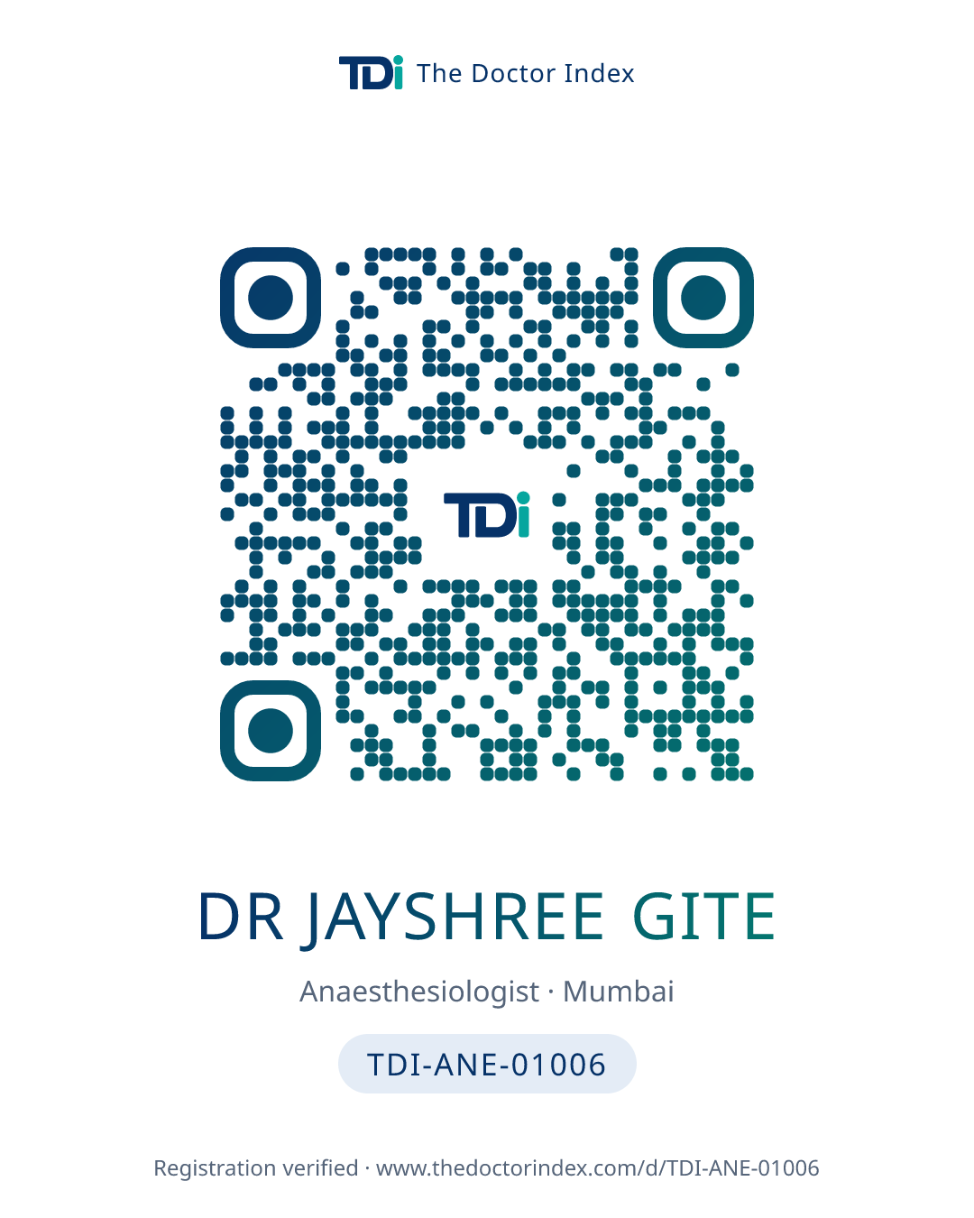 QR card for Dr Jayshree Gite, TDI-ANE-01006