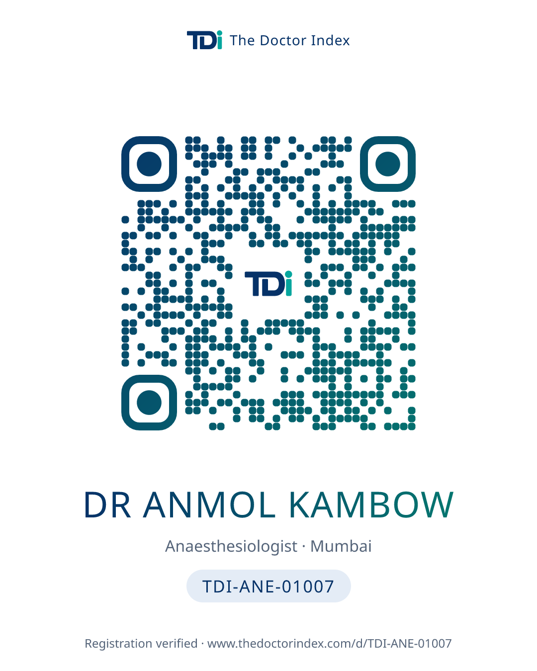 QR card for Dr Anmol Kambow, TDI-ANE-01007