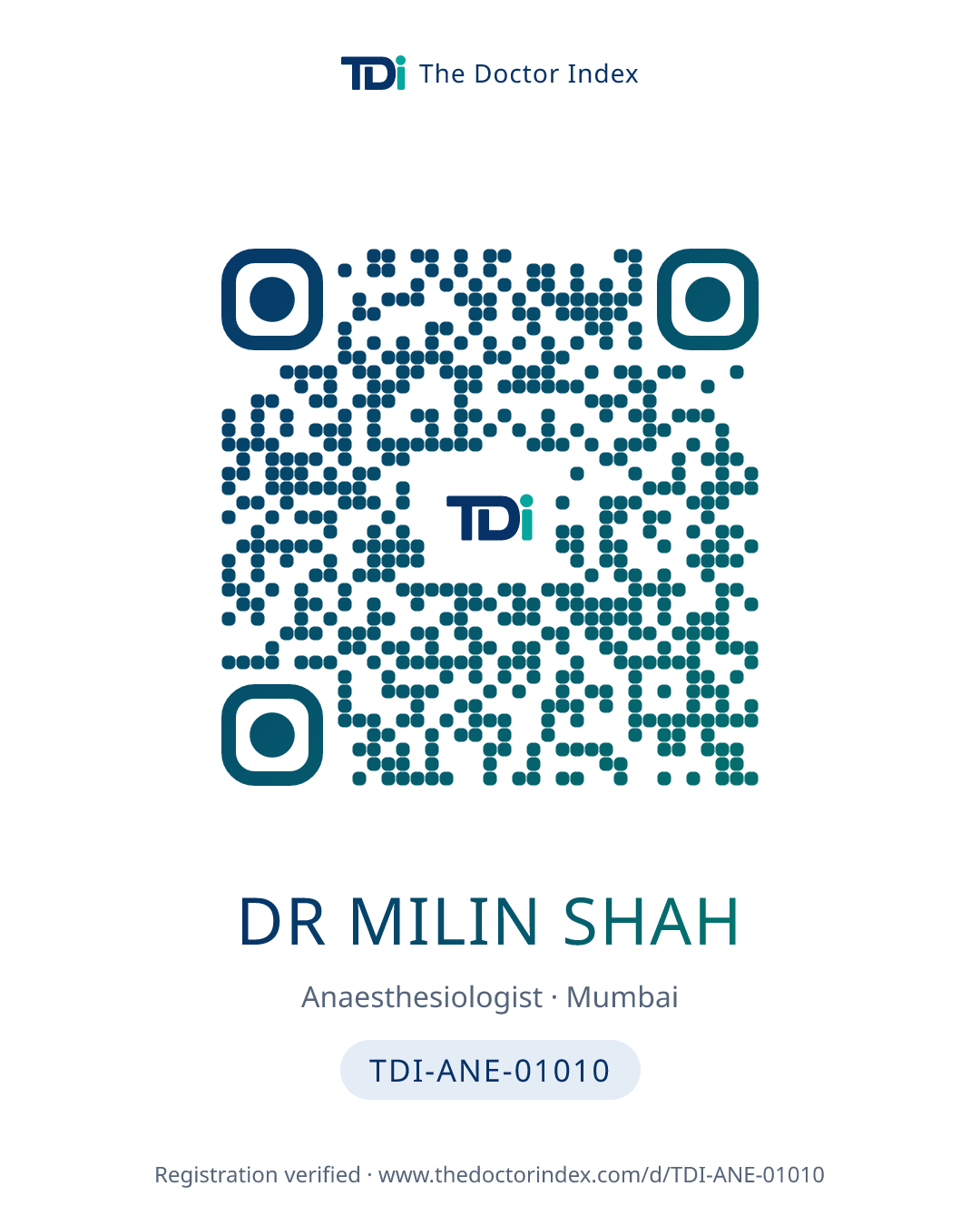 QR card for Dr Milin Shah, TDI-ANE-01010