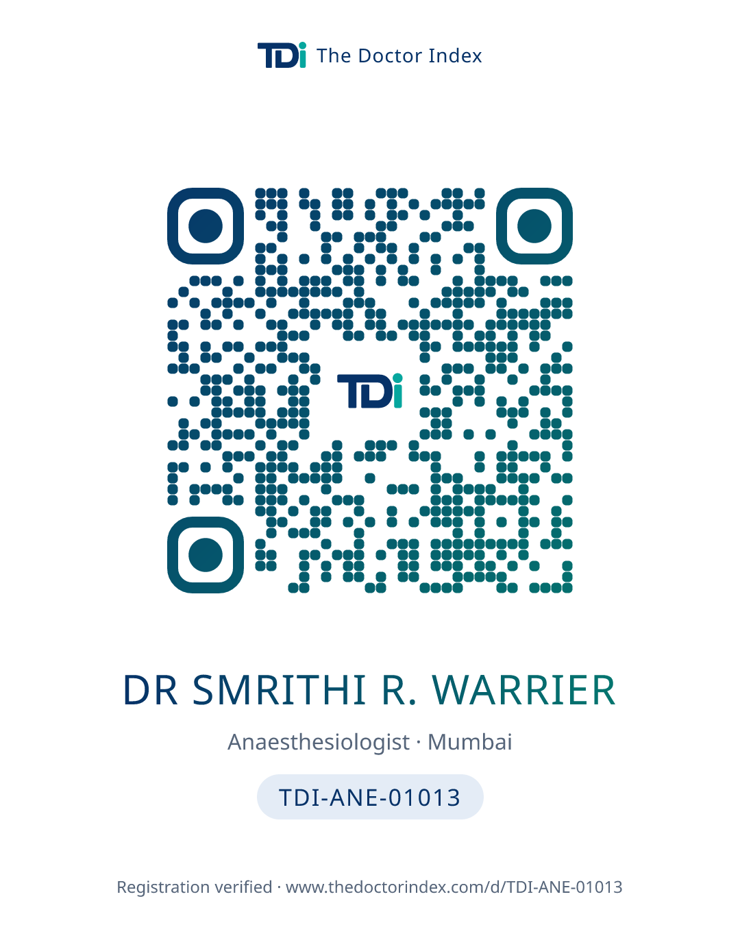 QR card for Dr Smrithi R. Warrier, TDI-ANE-01013