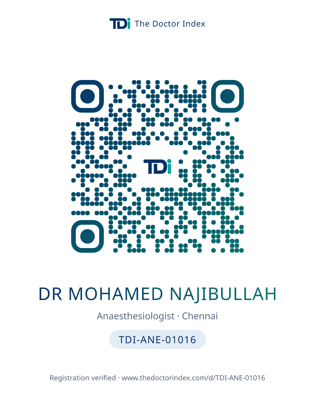 QR card for Dr Mohamed Najibullah, TDI-ANE-01016