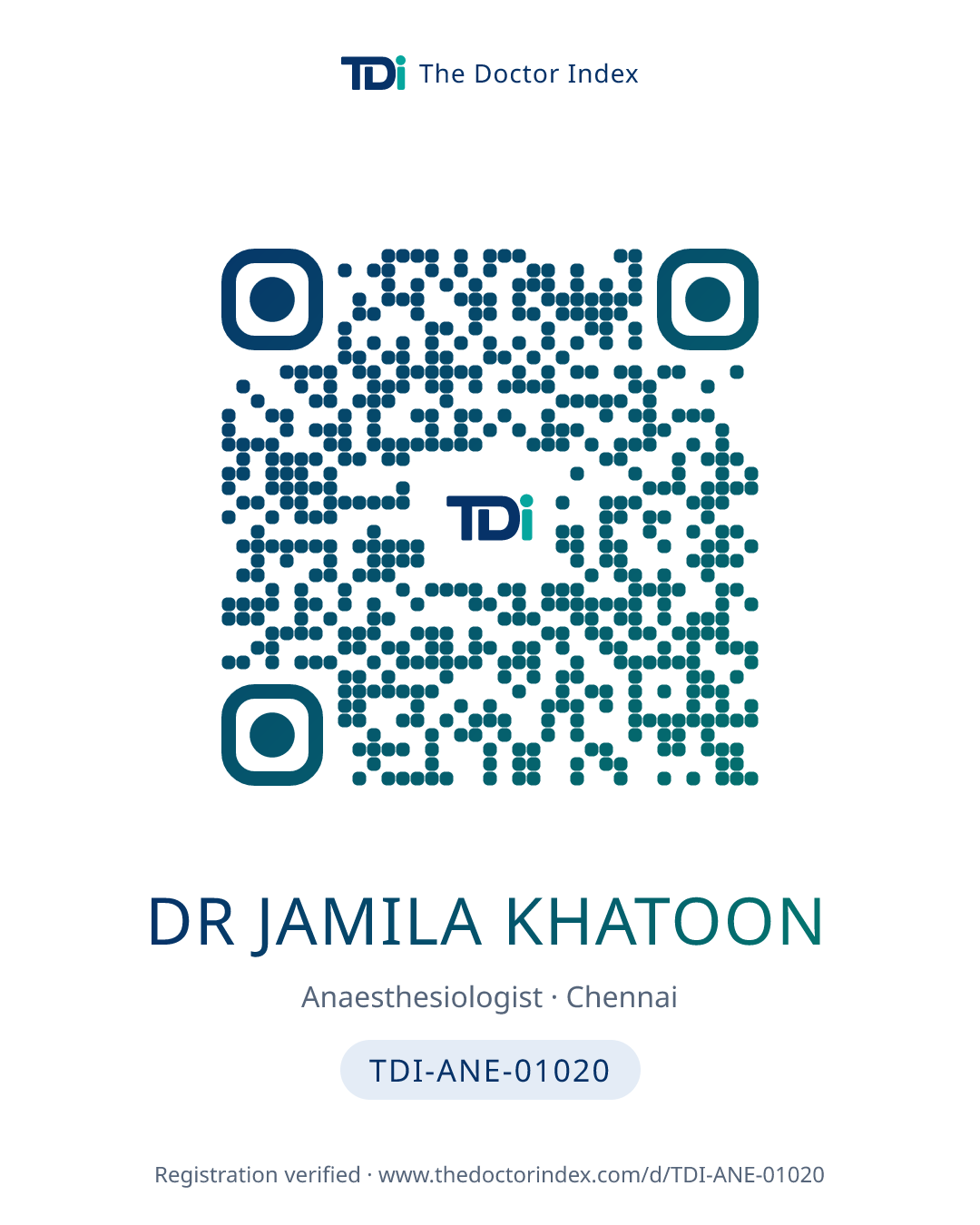 QR card for Dr Jamila Khatoon, TDI-ANE-01020