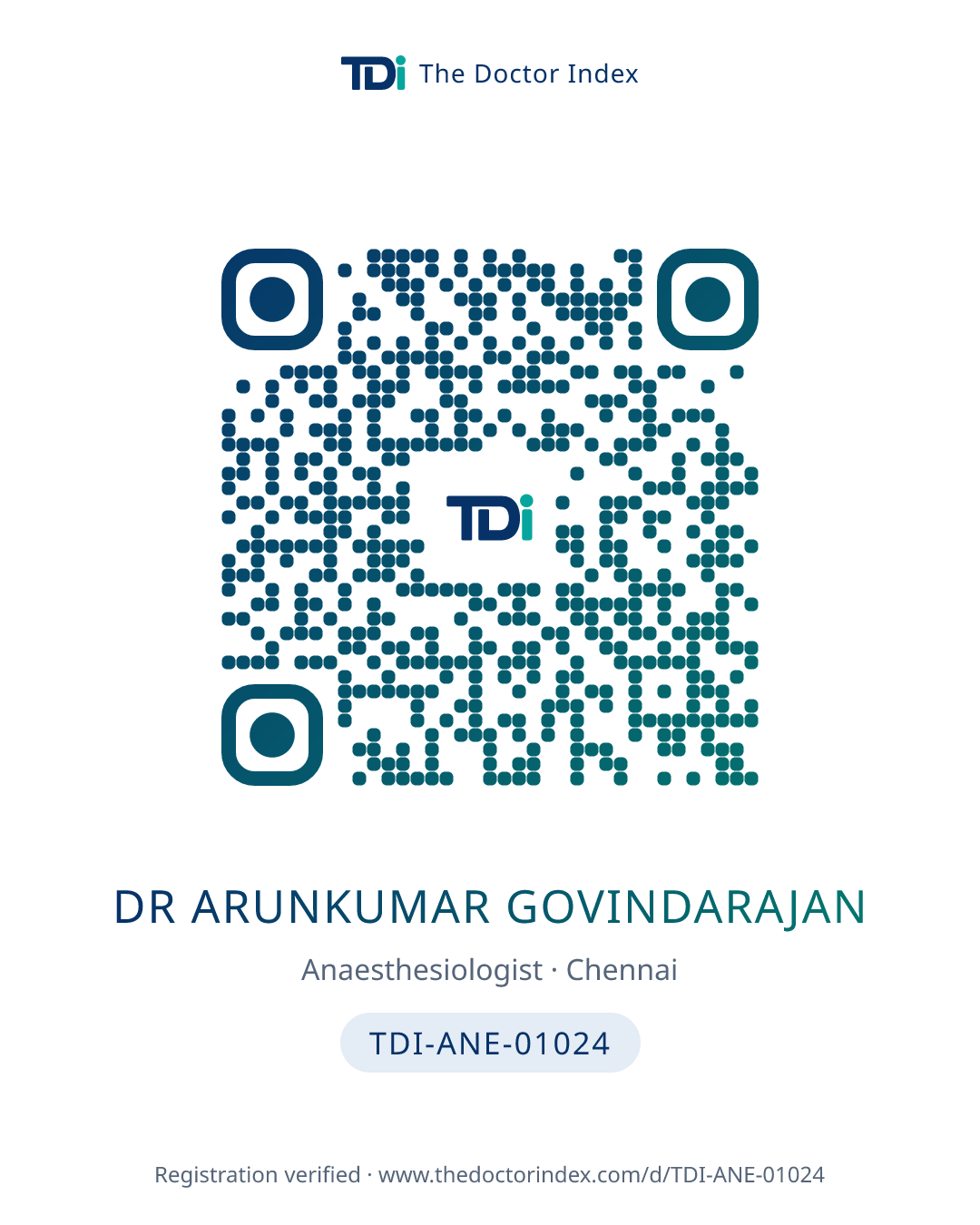 QR card for Dr Arunkumar Govindarajan, TDI-ANE-01024