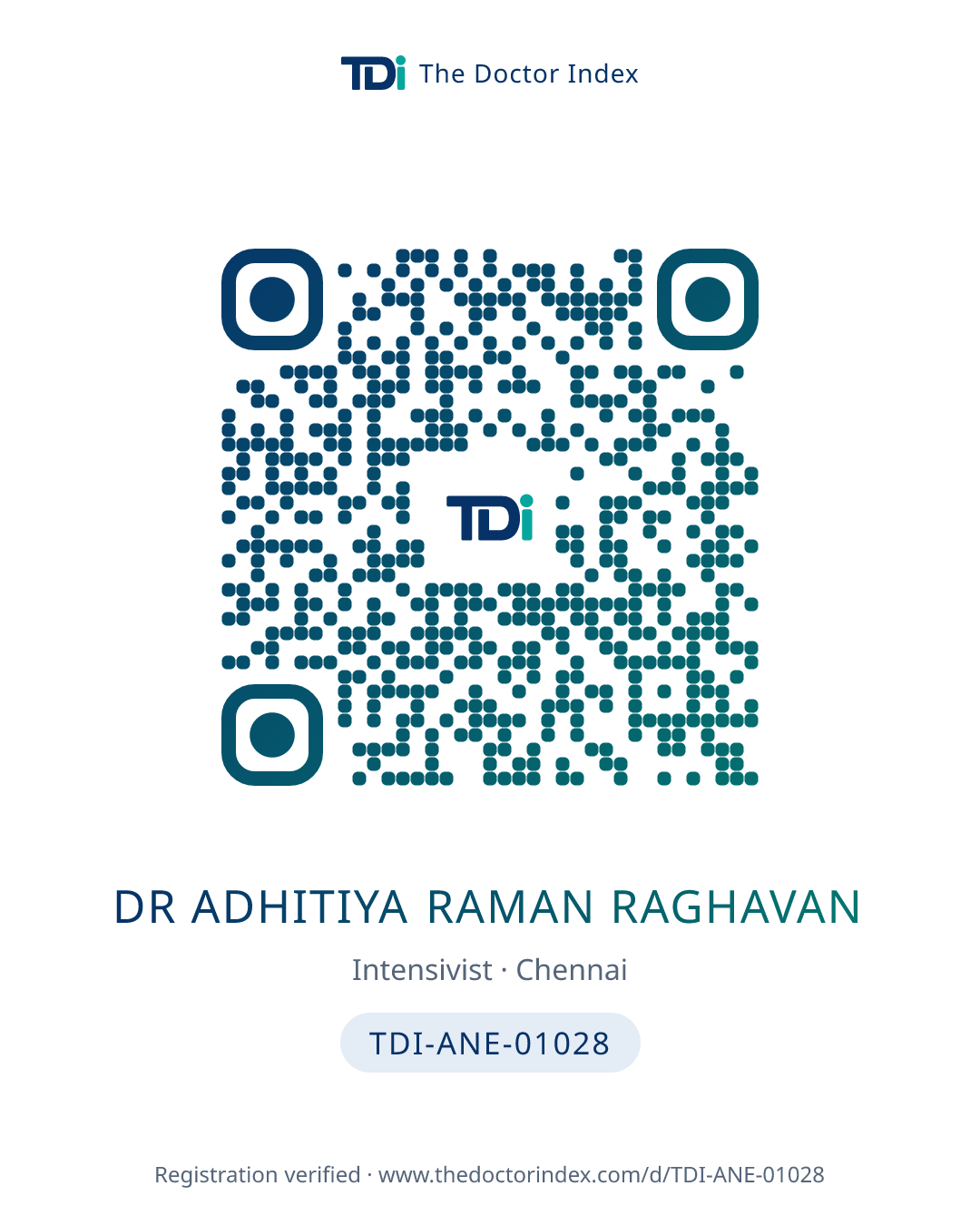 QR card for Dr Adhitiya Raman Raghavan, TDI-ANE-01028