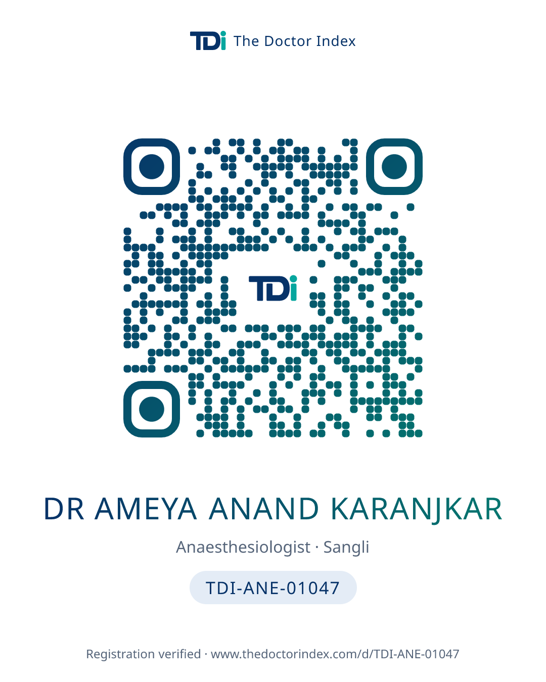 QR card for Dr Ameya Anand Karanjkar, TDI-ANE-01047