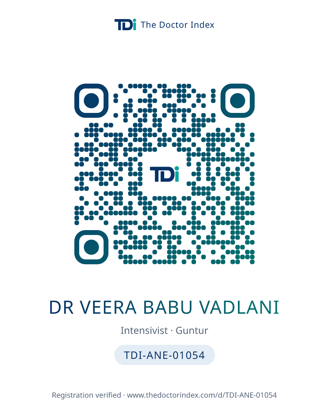 QR card for Dr Veera Babu Vadlani, TDI-ANE-01054