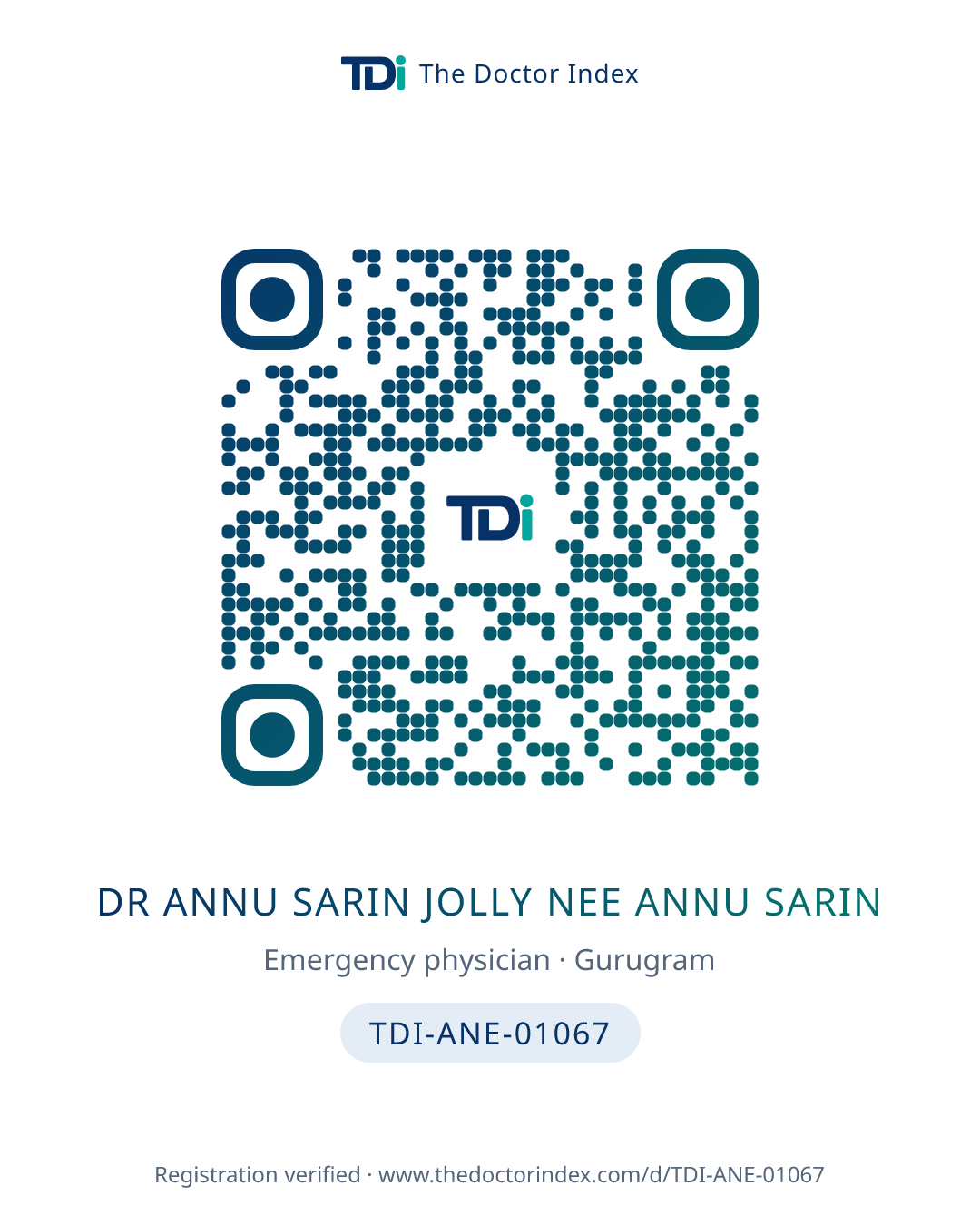 QR card for Dr Annu Sarin Jolly Nee Annu Sarin, TDI-ANE-01067
