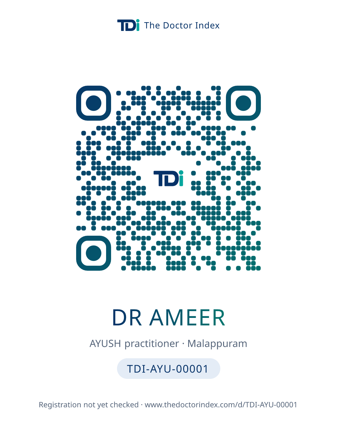 QR card for Dr Ameer, TDI-AYU-00001