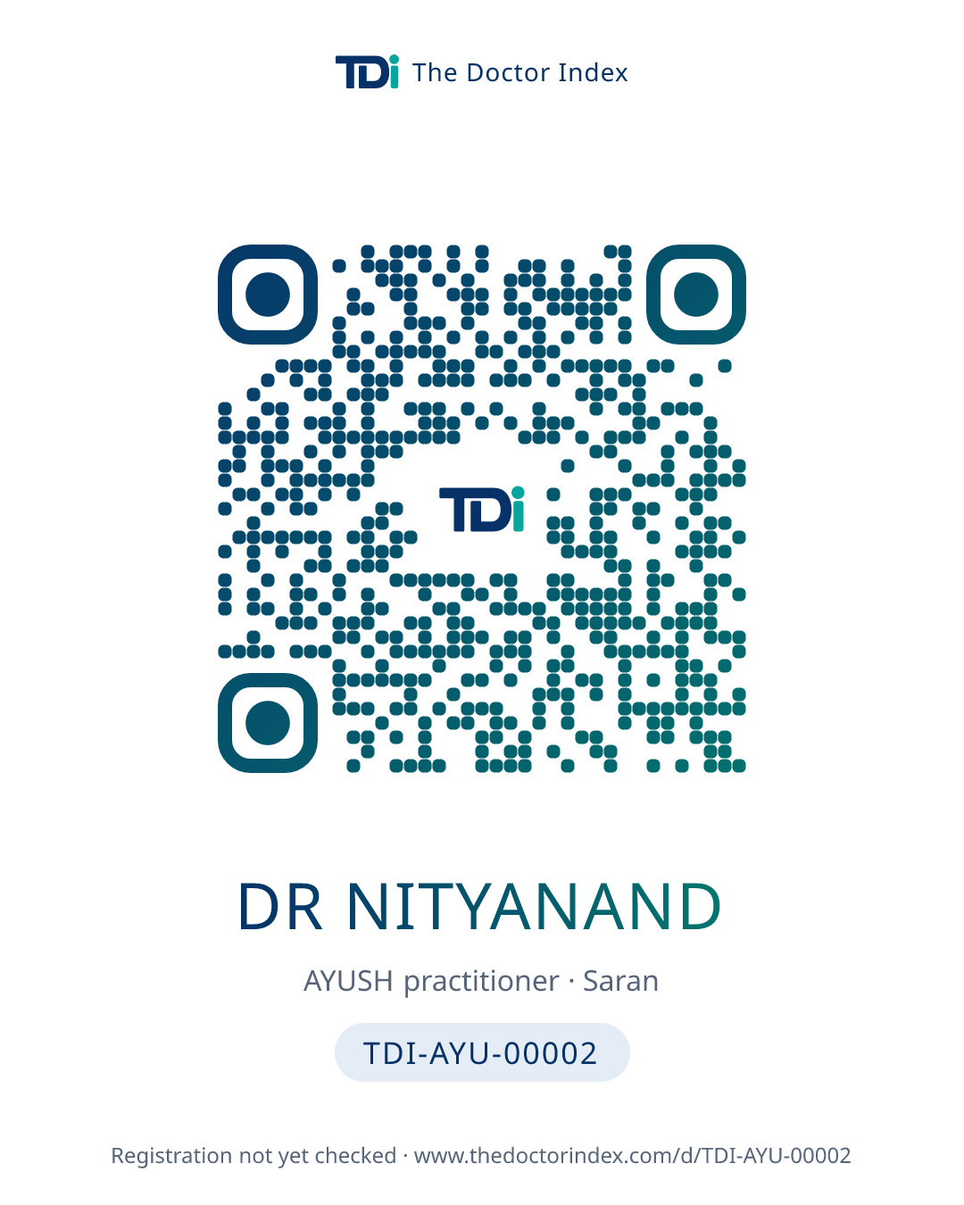 QR card for Dr Nityanand, TDI-AYU-00002