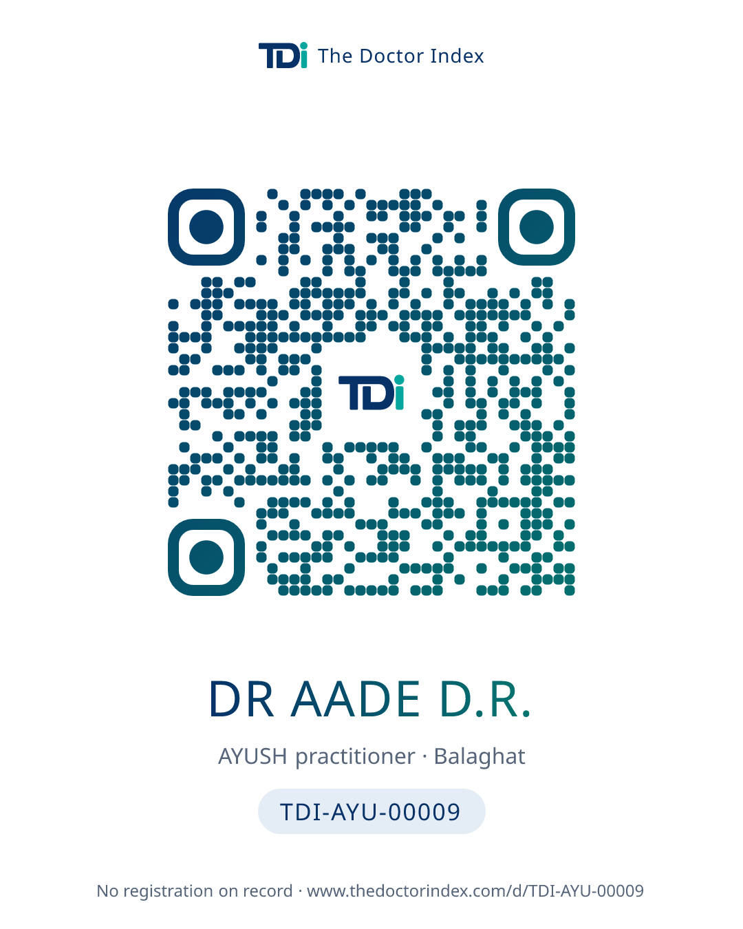 QR card for Dr Aade D.R., TDI-AYU-00009