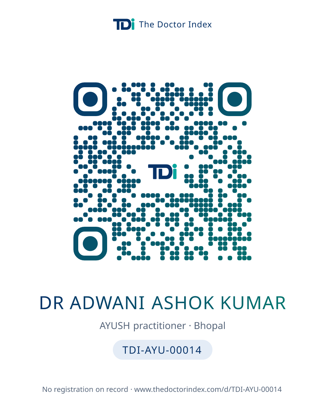 QR card for Dr Adwani Ashok Kumar, TDI-AYU-00014