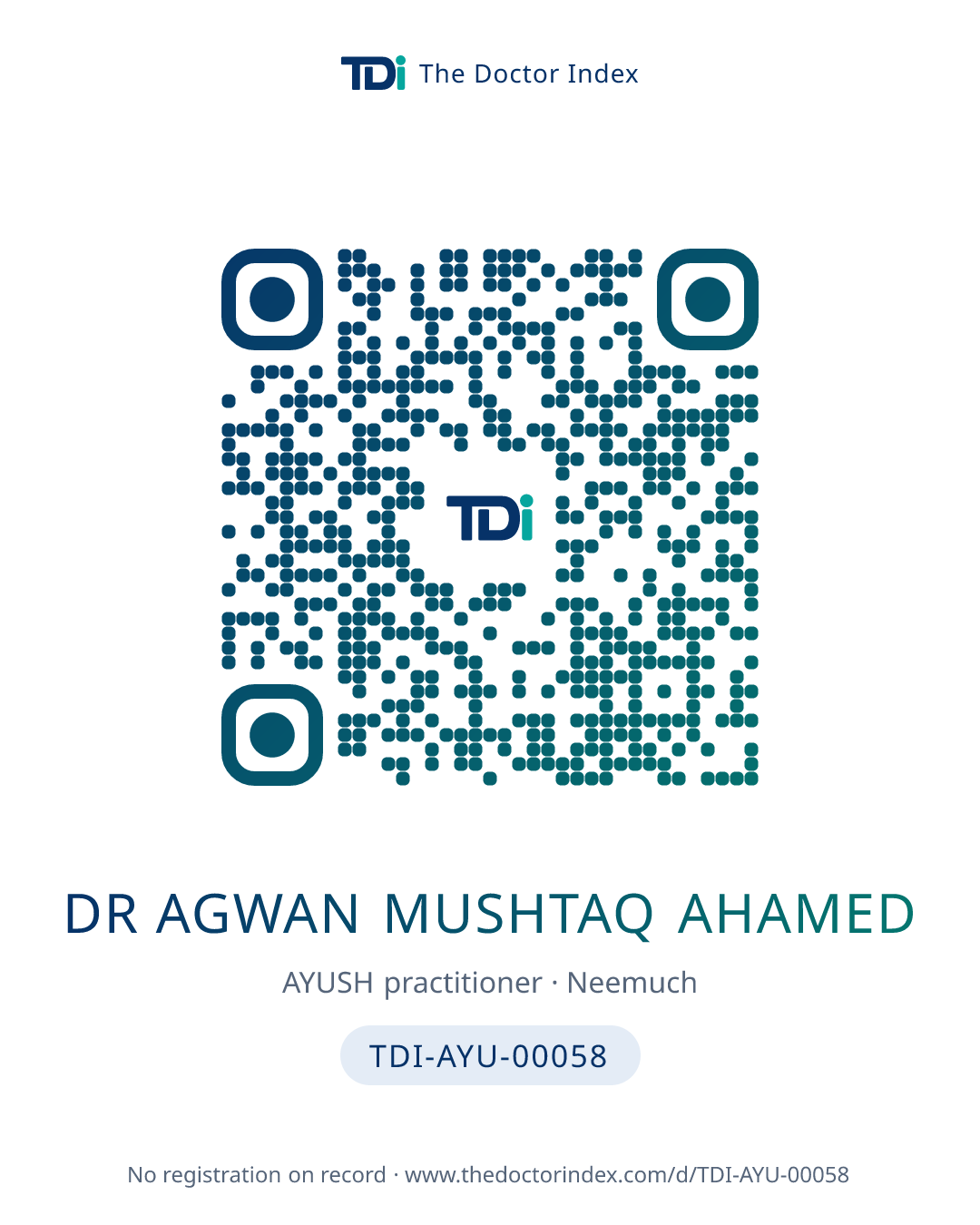 QR card for Dr Agwan Mushtaq Ahamed, TDI-AYU-00058
