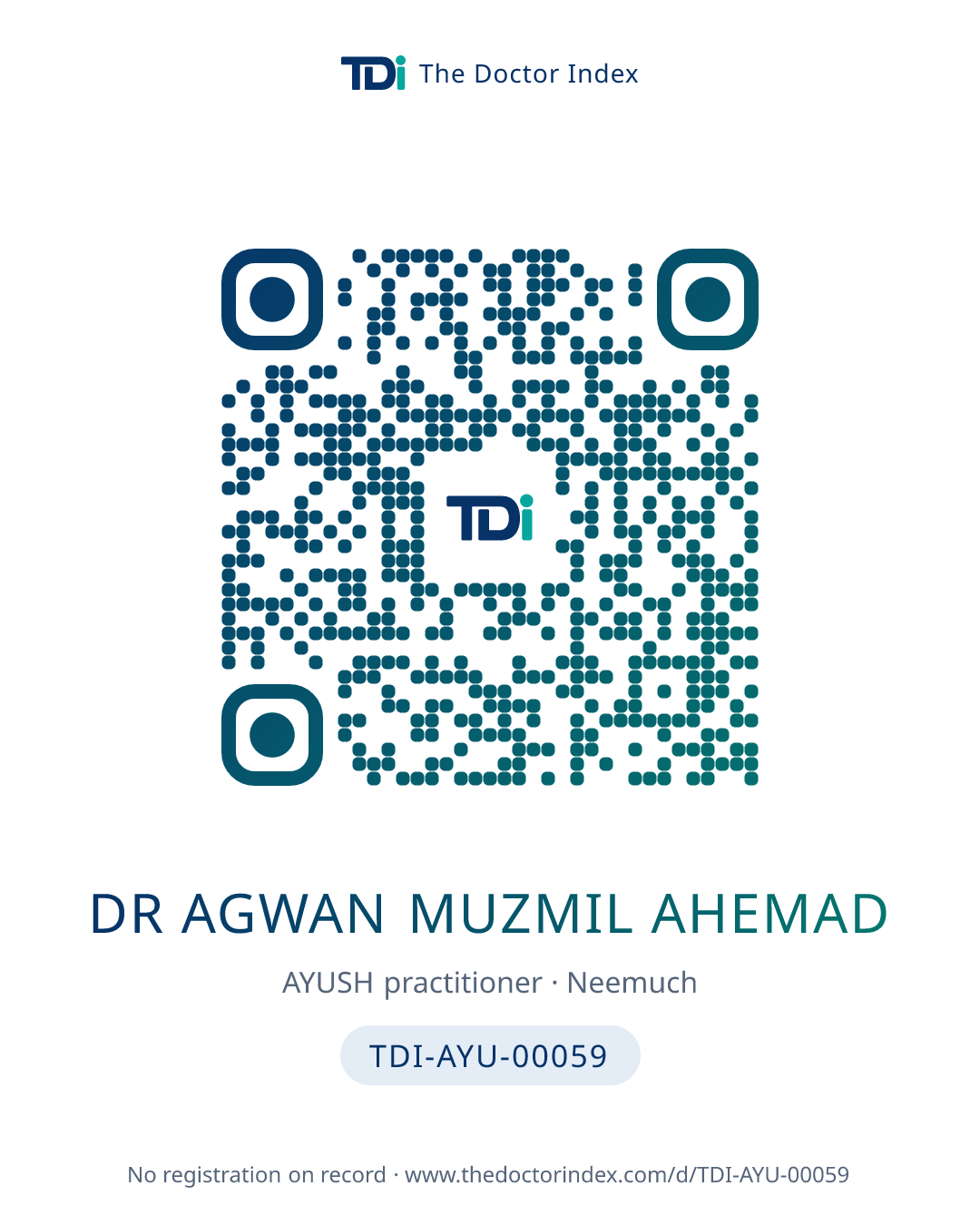 QR card for Dr Agwan Muzmil Ahemad, TDI-AYU-00059