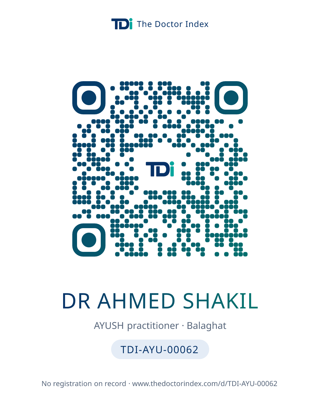 QR card for Dr Ahmed Shakil, TDI-AYU-00062