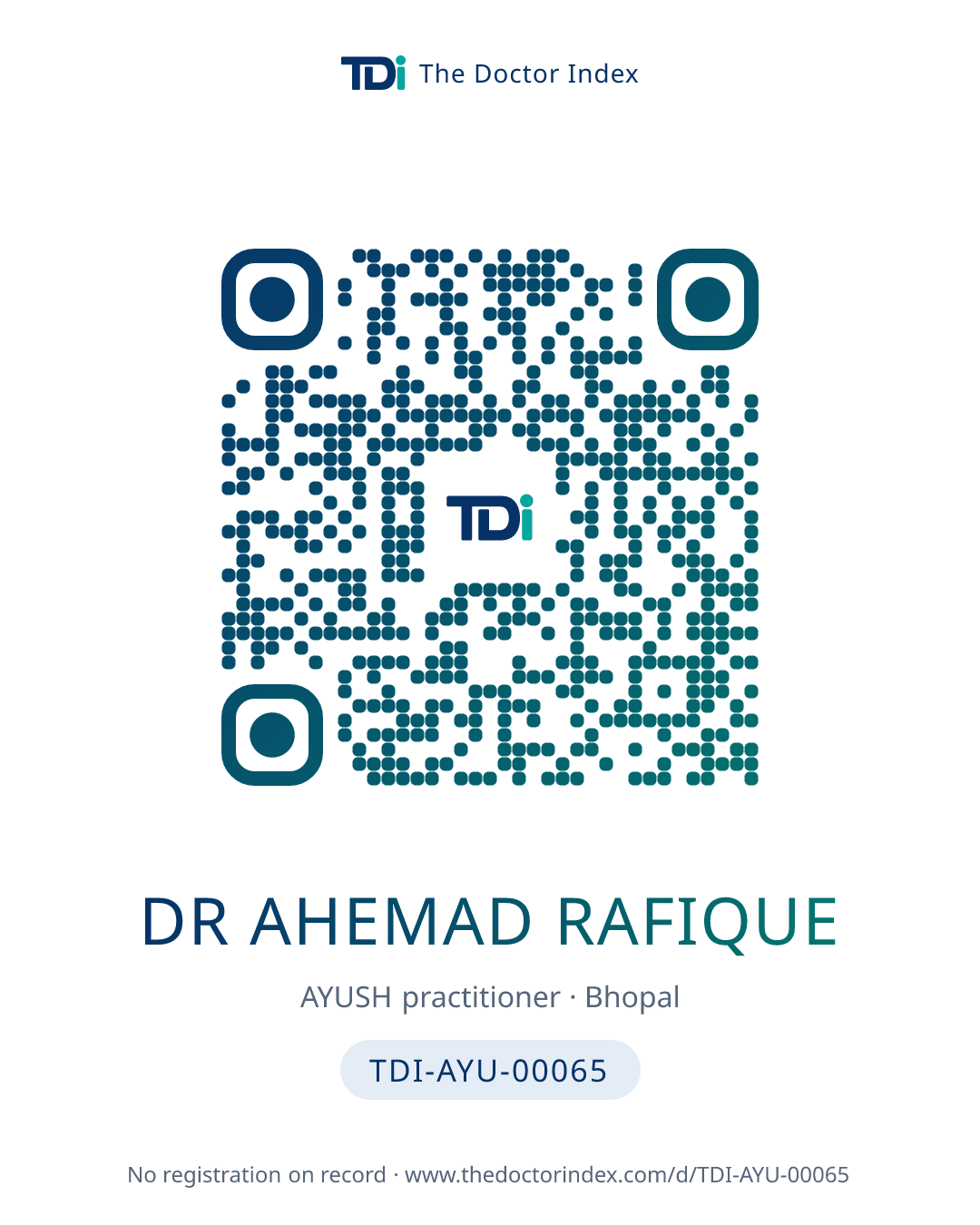 QR card for Dr Ahemad Rafique, TDI-AYU-00065