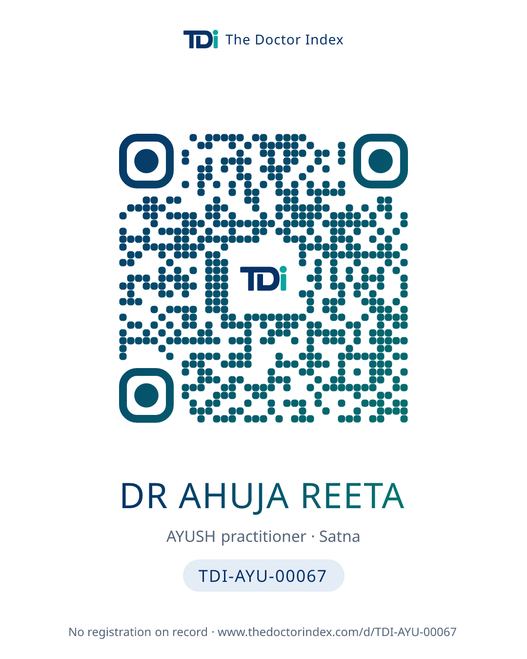 QR card for Dr Ahuja Reeta, TDI-AYU-00067